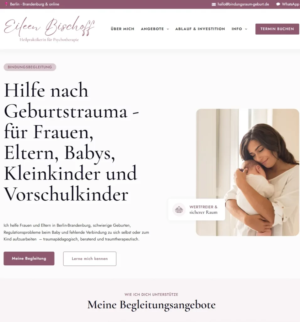 Webseite von StrausMedien für unseren Kunden Bindungsraum Geburt Eileen Bischoff